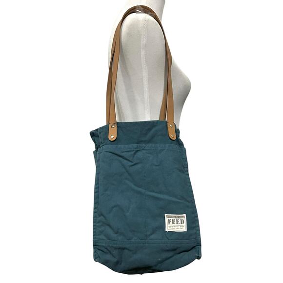 FEED Project Canvas Market Tote Shoulder Bag Blue with Leather Straps - Picture 2 of 8